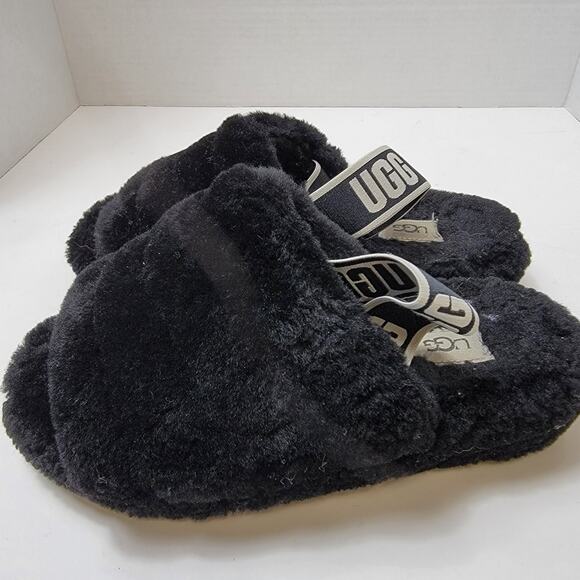 UGG Shoes - UGG Slippers Womens 6 Fluff Yeah Black Open Toe Sheepskin Slide Elastic Strap